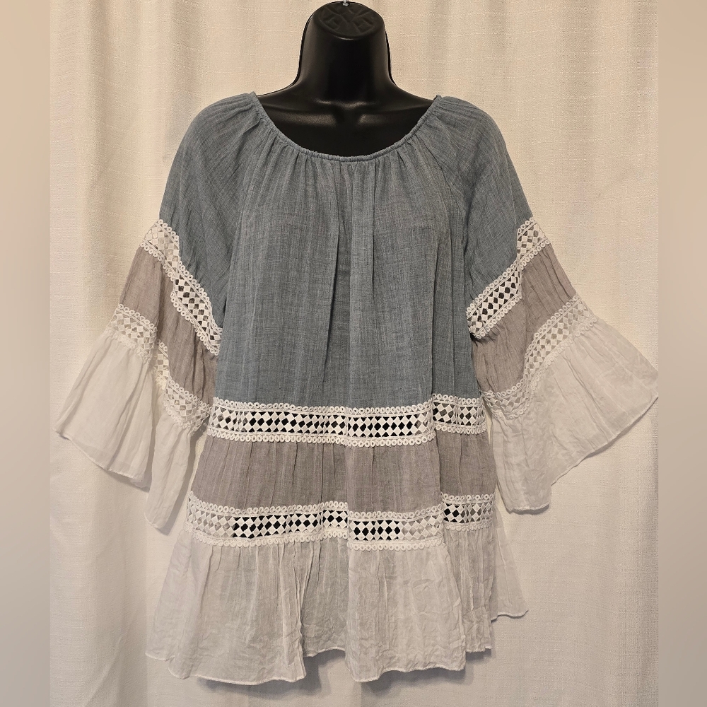 Boho Blue and White And Gray Gauze Blouse With Lace Detail Bell 3/4 Sleeves - Picture 2 of 8
